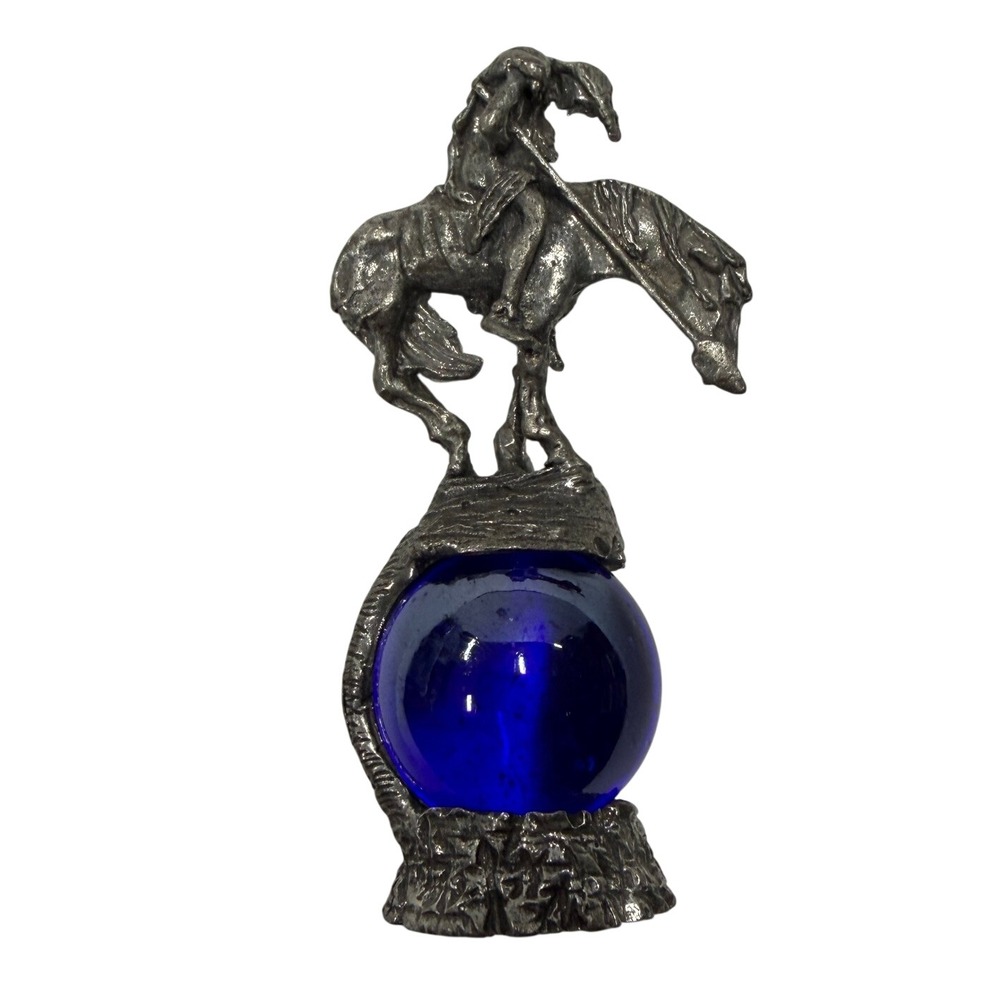 End of the Trail Pewter Figurine Native American Horse Cobalt Blue Glass Orb 4in